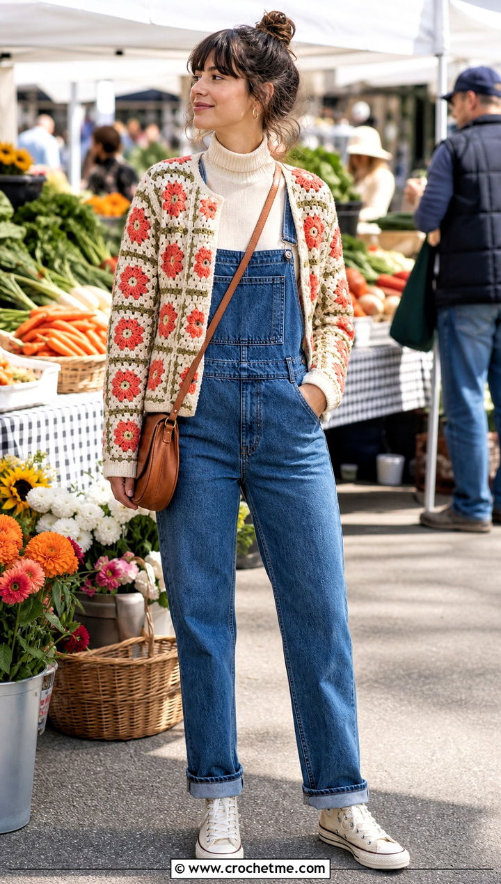 Flower Center Granny Square Cardigan With Overalls - 35 Easy Simple Crochet Granny Square Cardigan outfit ideas