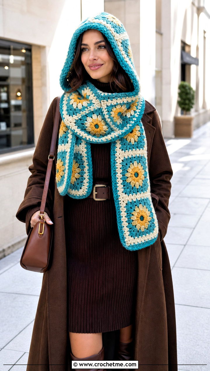 Flower Center Granny Square Crochet Hooded Scarf With Sweater Dress - 30 Granny Square Crochet Hooded Scarf outfit ideas