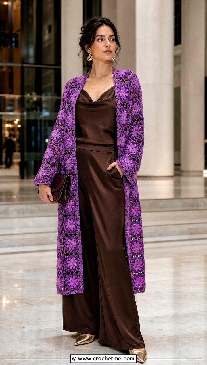 Flower Center Granny Square Duster With Evening Separates - 25 Crochet Granny Square Duster outfit ideas