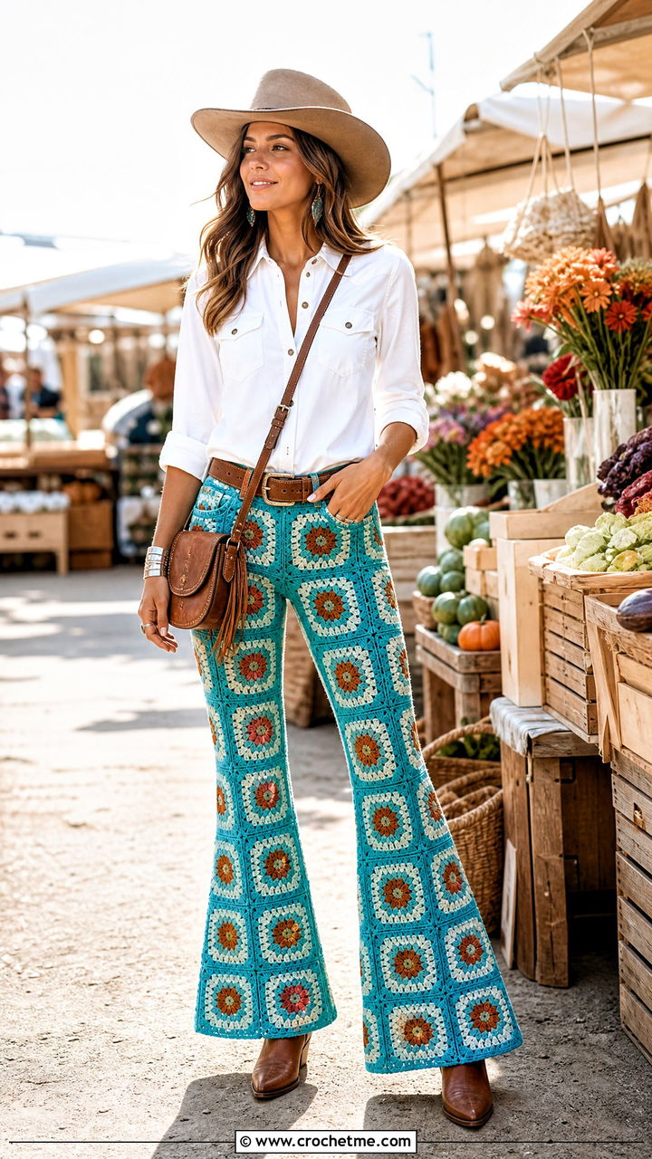 Flower Center Granny Square Flare Pants With Western Shirt And Cowboy Boots - 35 crochet granny square pants outfit ideas