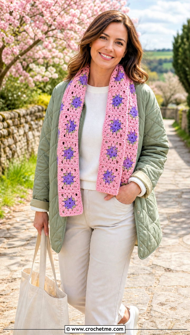 Flower Center Granny Square Scarf With Quilted Jacket and Chinos - 25 granny square scarves outfit ideas