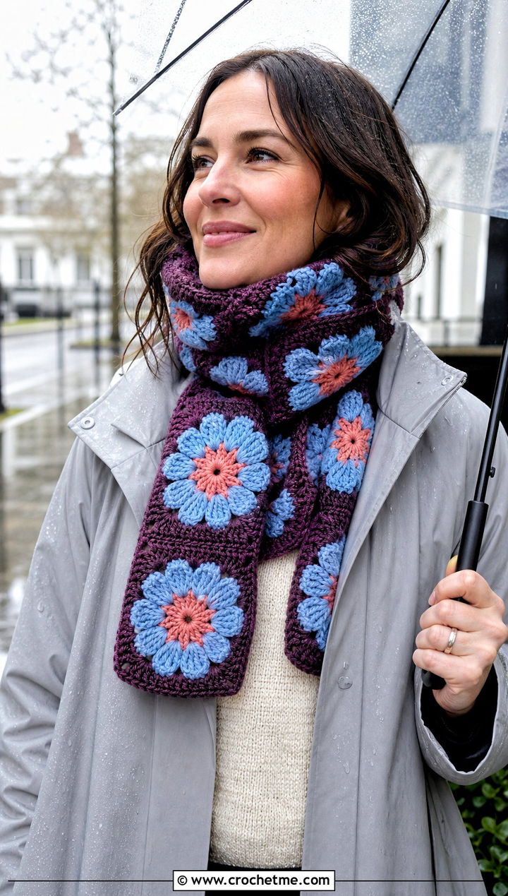 Flower Center Granny Square Scarf With Raincoat And Ankle Boots - 30 crochet granny square scarf outfit ideas