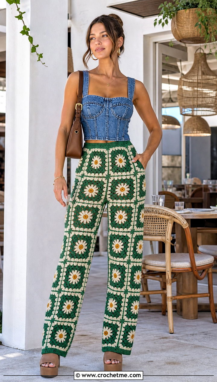 Flower Center Granny Square Trousers With Denim Bustier Top - 35 granny square trousers outfit ideas