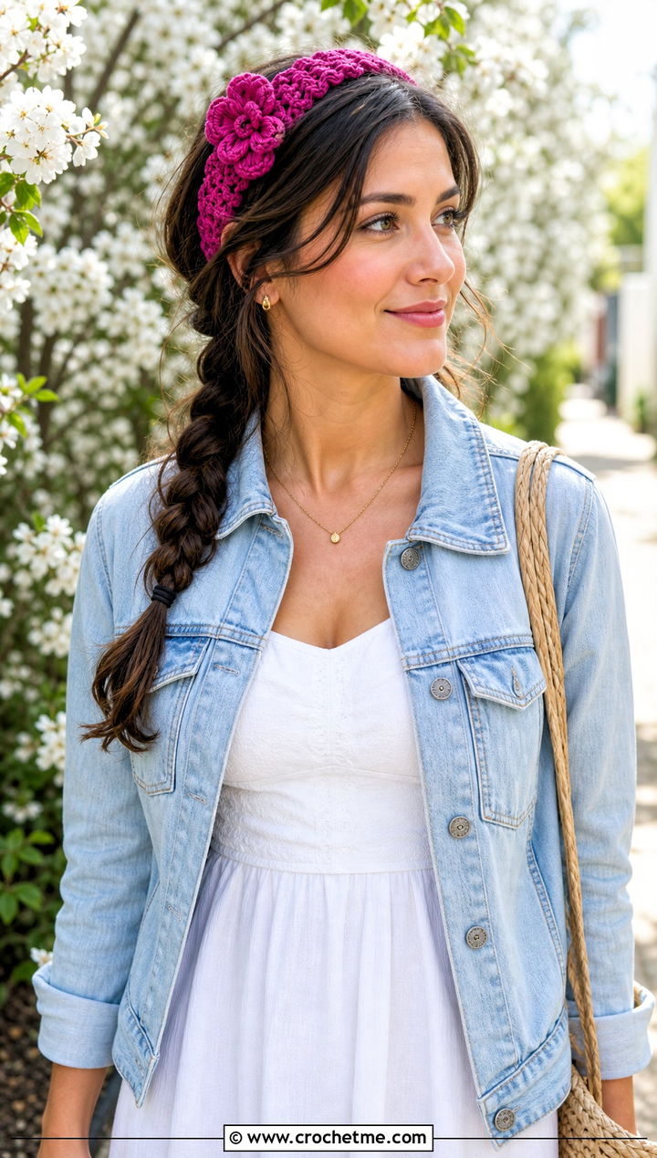 Flower Center Jasmine Stitch Headband With Sundress - 20 Crochet Jasmine Stitch Headband outfit ideas