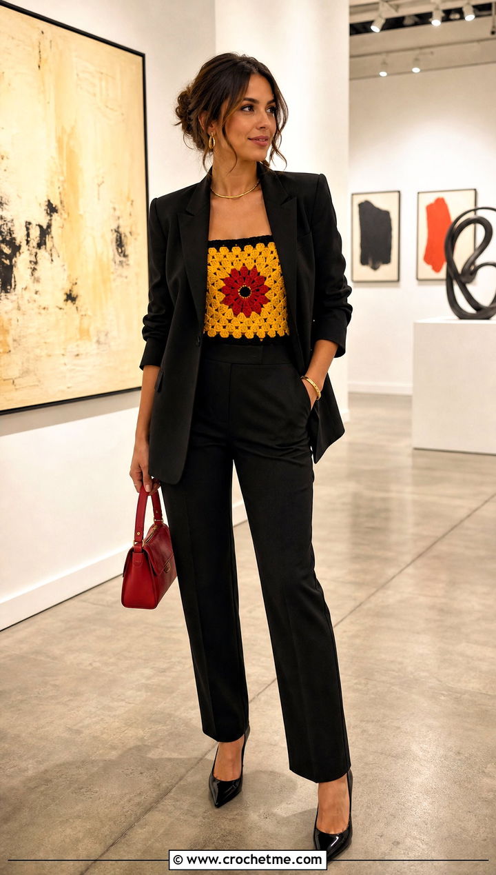 Flower Center Single Granny Square Top With Black Blazer - 25 single granny square top outfit ideas