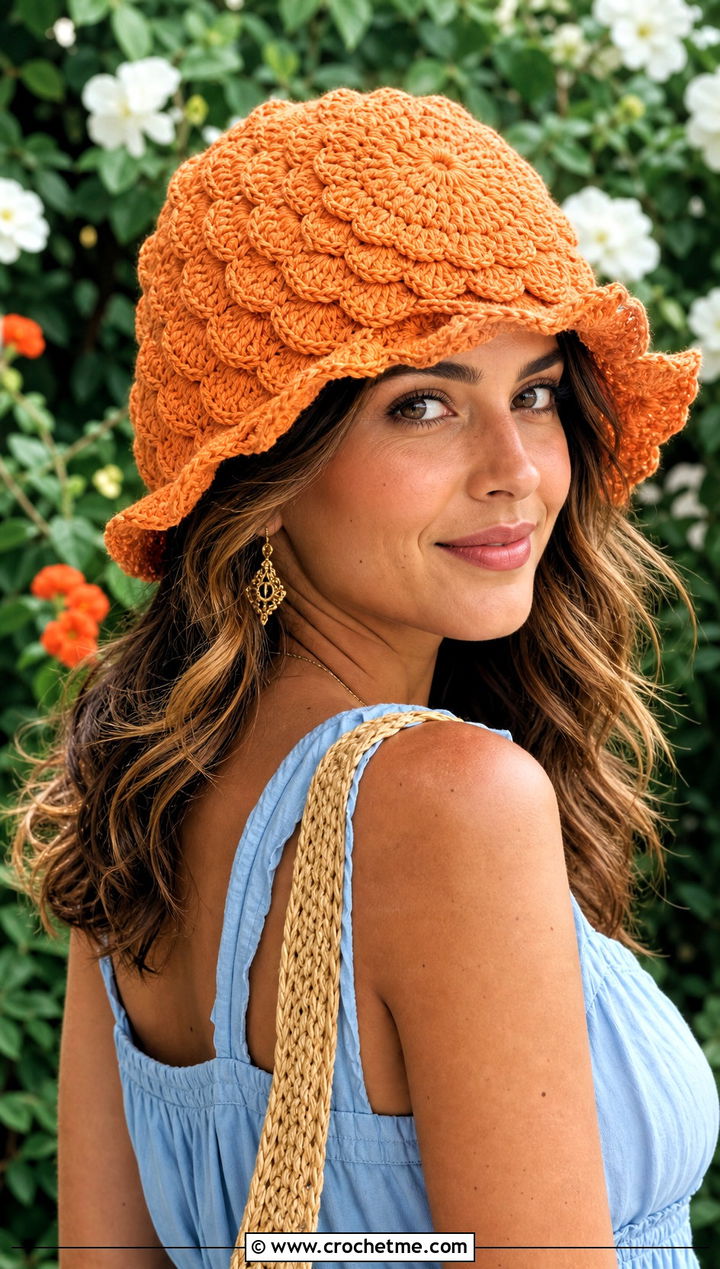 Flower Center Swirl Crochet Hat With Sundress And Sandals - 30 crochet swirl hat outfit ideas