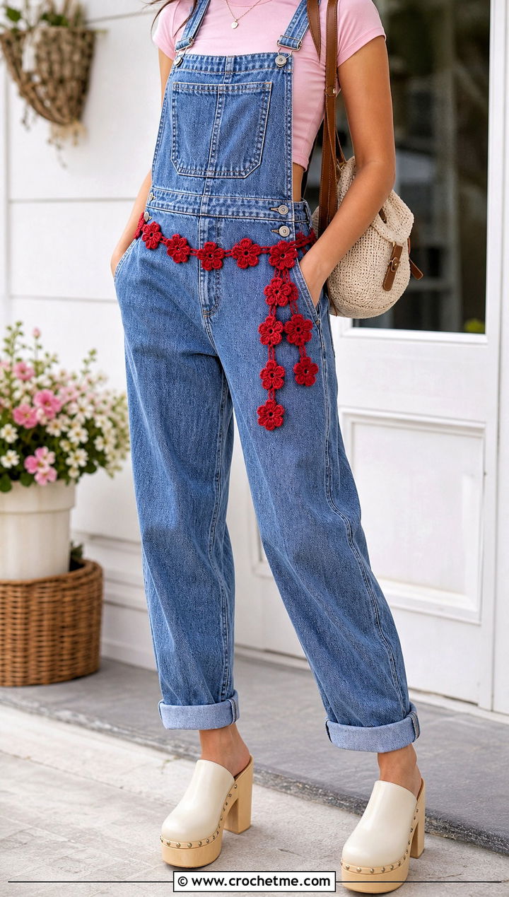 Flower Chain Crochet Hip Scarf With Denim Overalls - 30 Crochet Hip Scarf outfit ideas