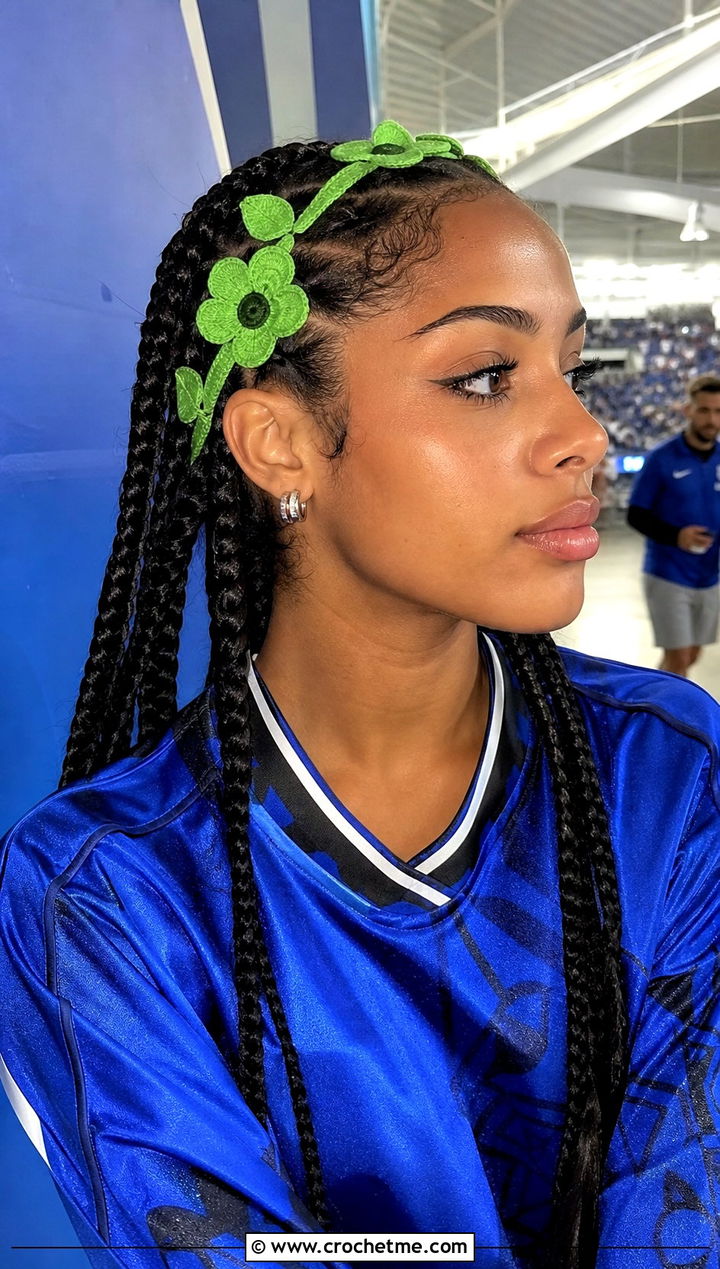 Flower Chain Green Crochet Headband With Soccer Jersey And Jeans - 30 green crochet headband outfit ideas