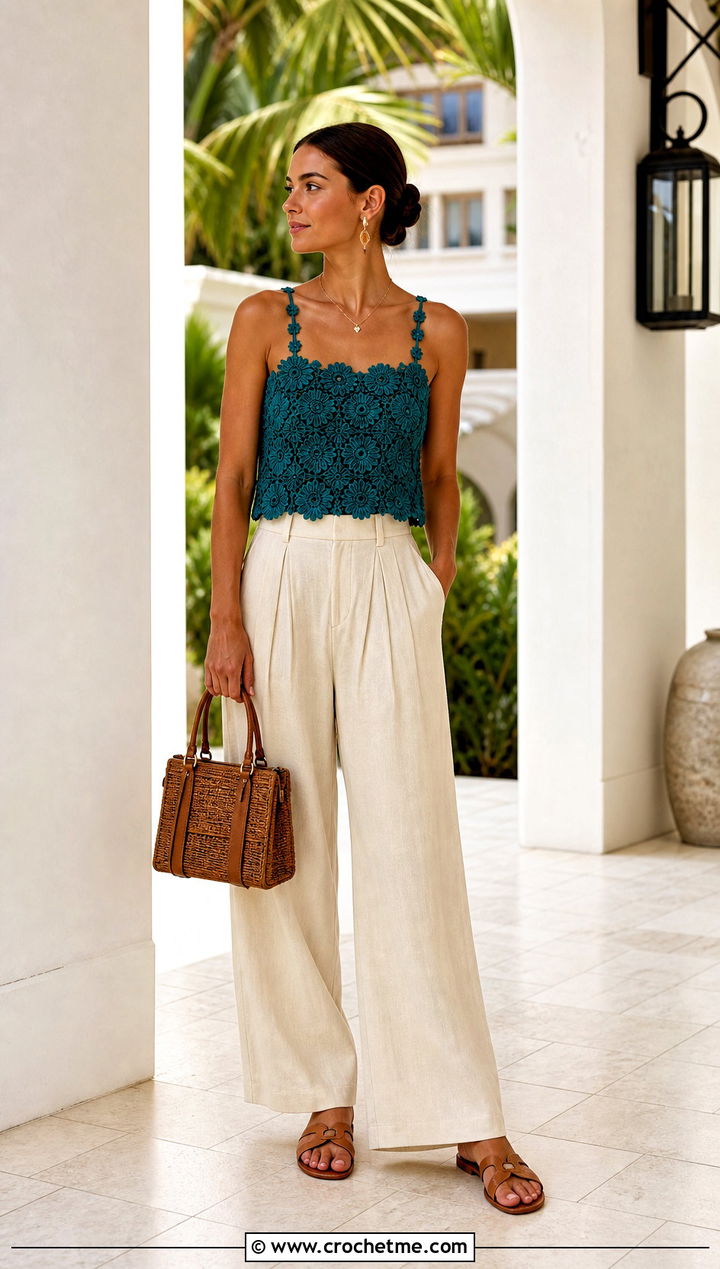 Flower Chain Strap Crochet Top With Linen Trousers - 20 Crochet Top With Chain outfit ideas