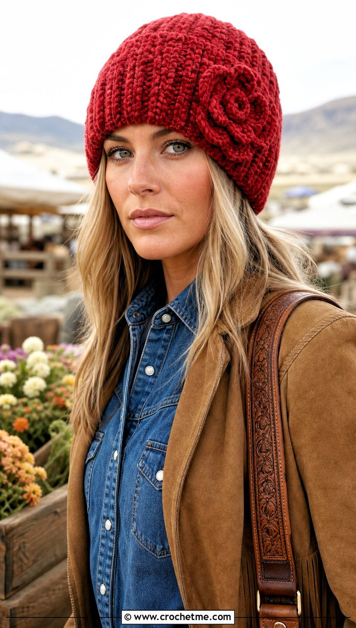 Flower Chenille Beanie With Western Outfit - 30 crochet chenille hat outfit ideas