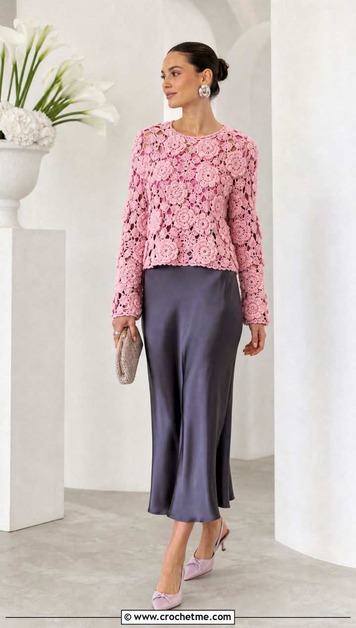 Flower Circle Crochet Sweater With Satin Slip Skirt - 25 Circle Crochet Sweater outfit ideas
