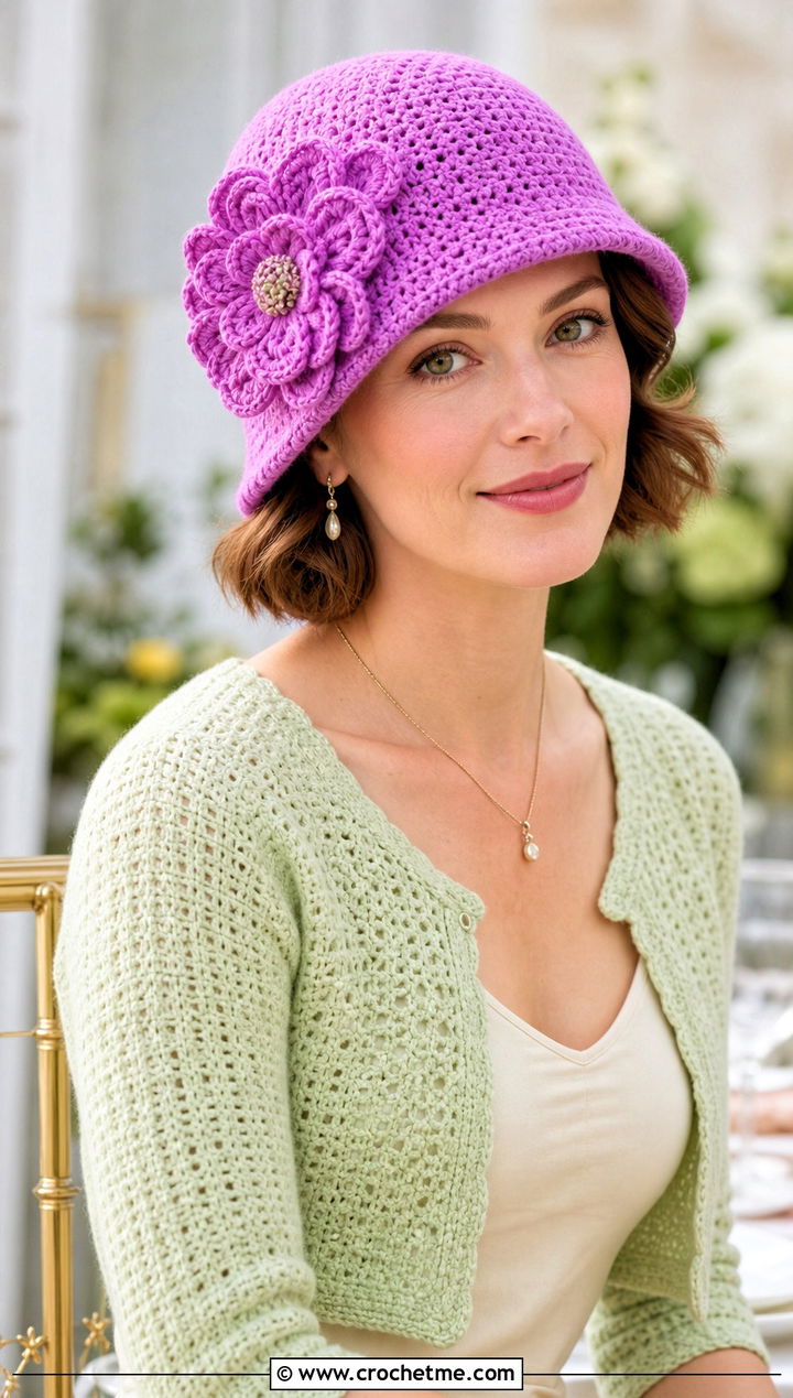 Flower Cloche Hat With Cropped Cardigan - 25 one skein crochet hat outfit ideas