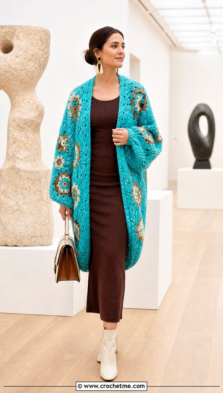 Flower Cocoon Cardigan With Column Dress - 30 crochet flower cardigan outfit ideas