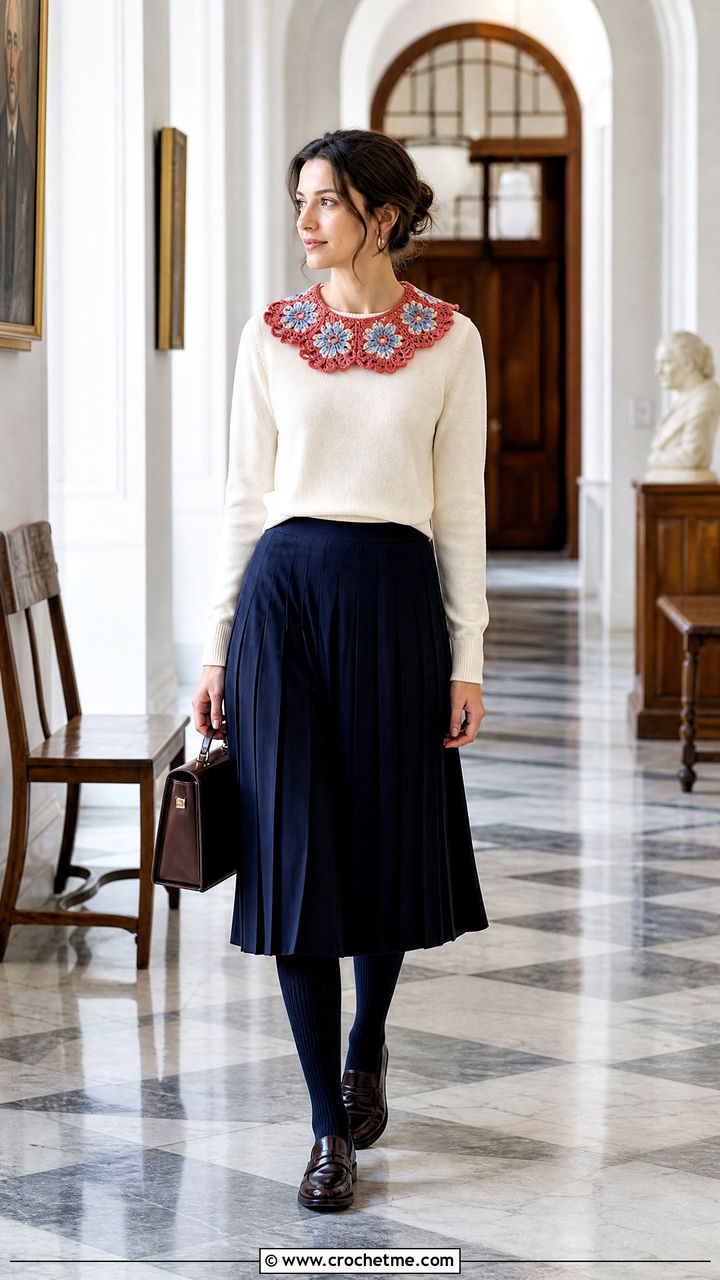 Flower Collar Crochet Scarf With Crewneck Sweater And Pleated Skirt - 35 crochet flower scarf outfit ideas
