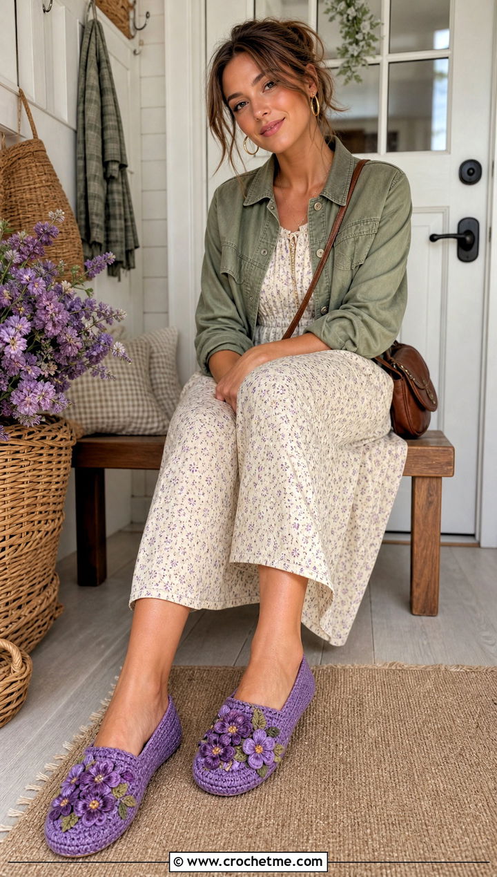 Flower Cottage Crochet Slippers With A Prairie Dress - 15 cottage crochet slippers outfit ideas