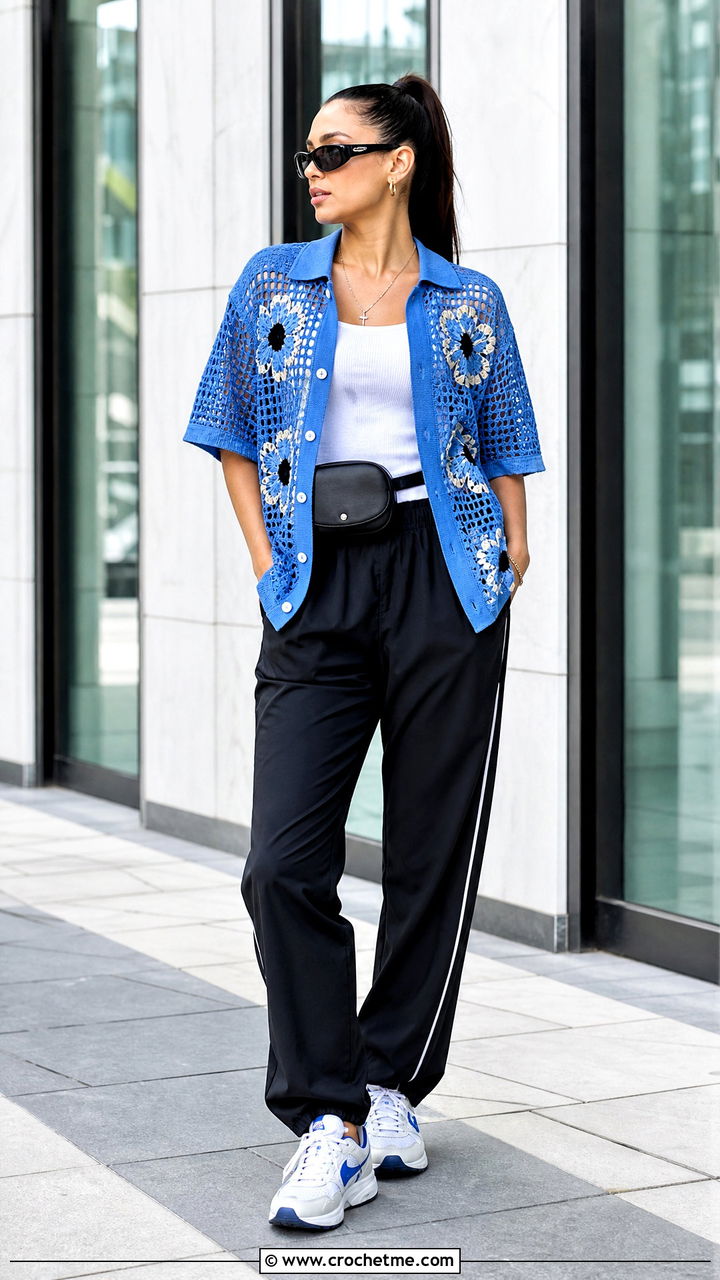 Flower Crochet Baseball Shirt With Track Pants - 35 Crochet Flower Shirt outfit ideas