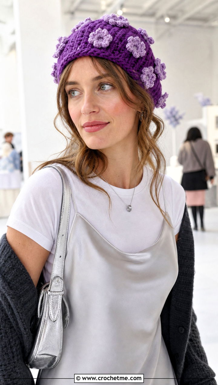 Flower Crochet Beanie With Slip Dress - 15 Easy Crochet Projects Beanie outfit ideas