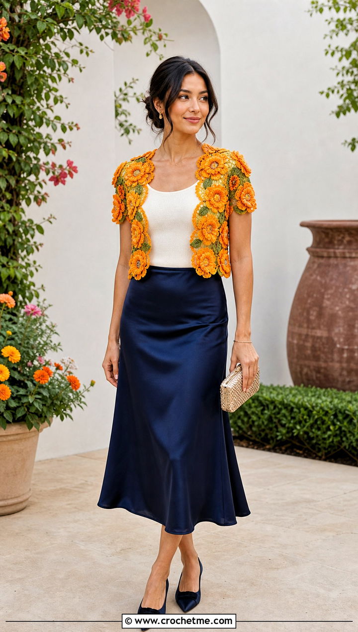 Flower Crochet Bolero With Satin Midi Skirt - 35 cute crochet clothes ideas
