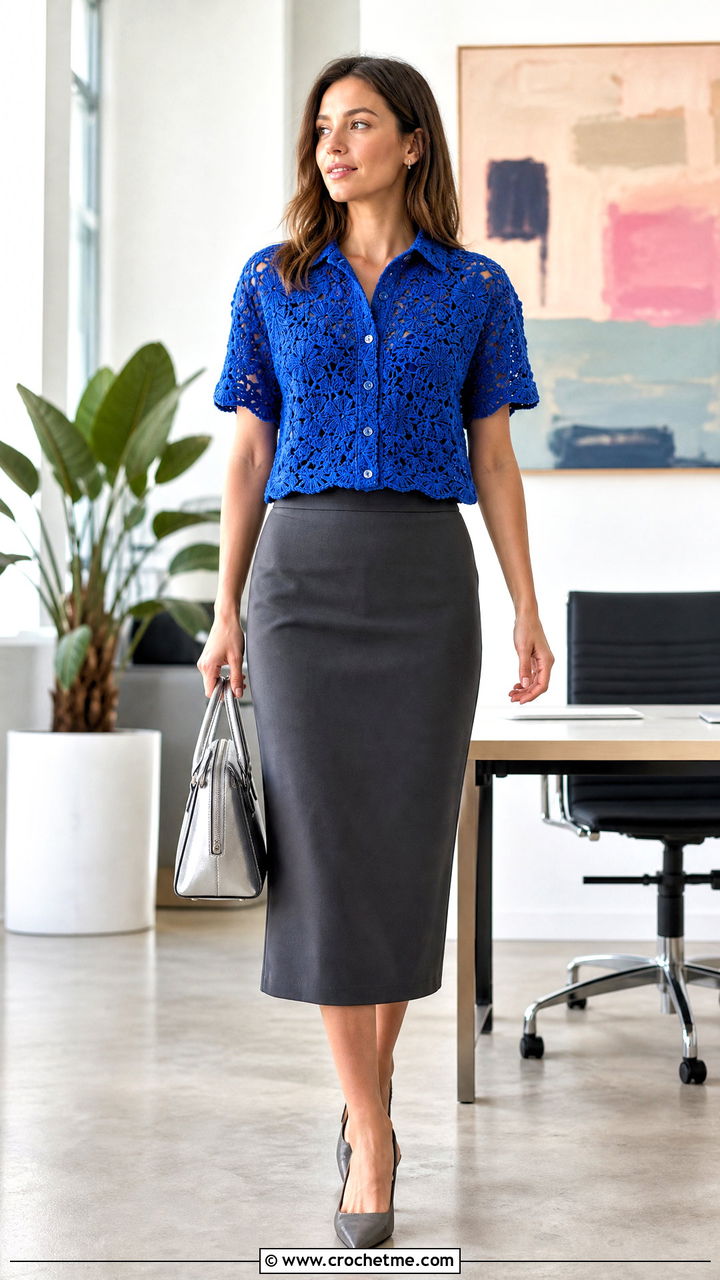 Flower Crochet Boxy Shirt With Pencil Skirt - 35 Crochet Flower Shirt outfit ideas