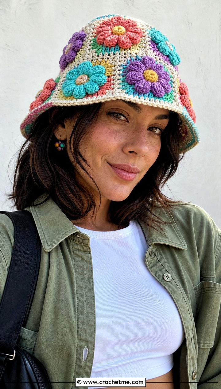 Flower Crochet Bucket Hat With Cargo Pants - 15 Fun Crochet Hats For Adults outfit ideas