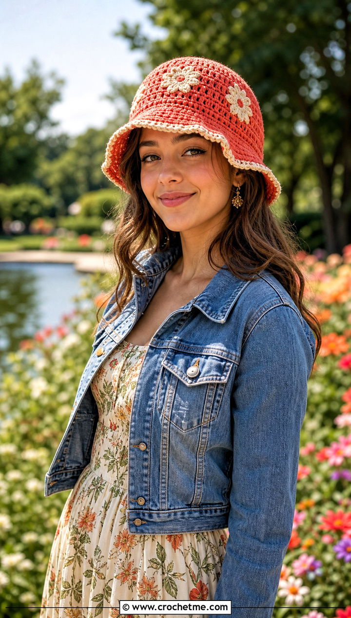 Flower Crochet Bucket Hat With Floral Dress - 15 Ladies Crochet Summer Hats outfit ideas