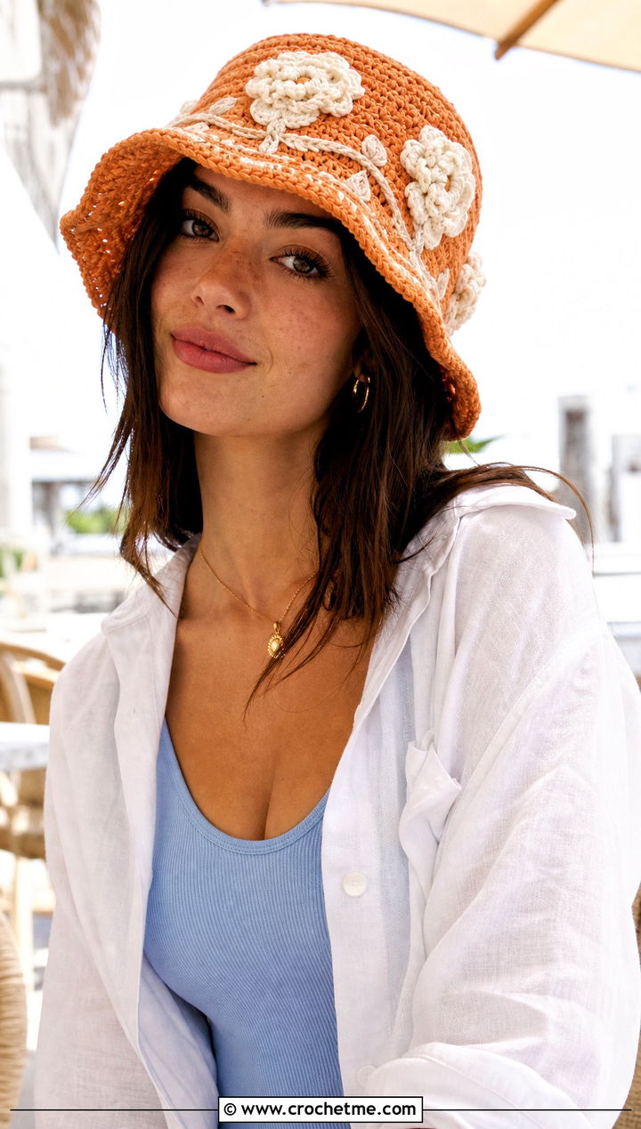 Flower Crochet Bucket Hat With Linen Shirt And Shorts - 25 Crochet Bucket Hat For Women outfit ideas