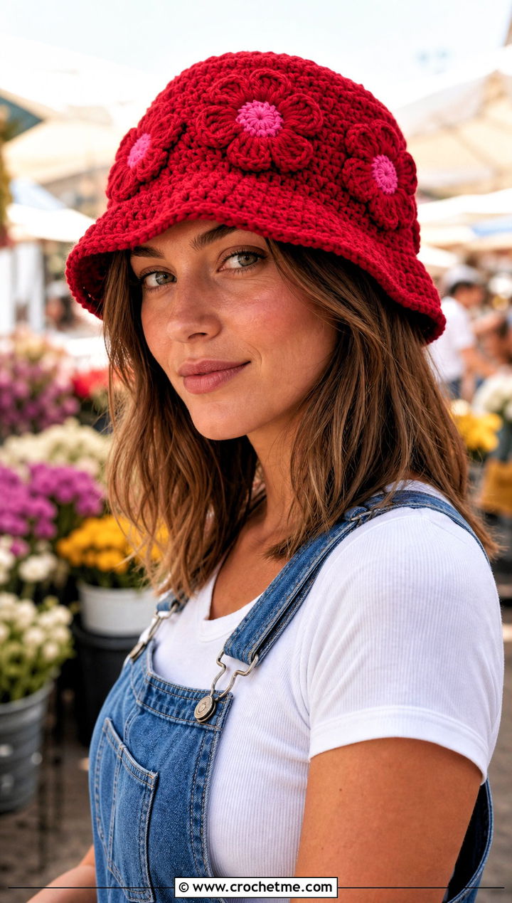 Flower Crochet Bucket Hat With Overalls - 20 Cool Crochet Hat Ideas