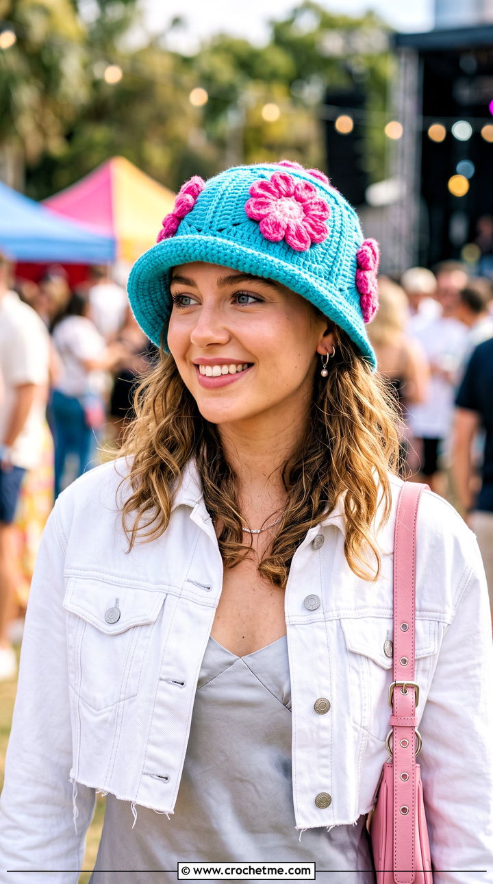 Flower Crochet Bucket Hat With Slip Dress - 15 Tiktok Crochet Hat outfit ideas