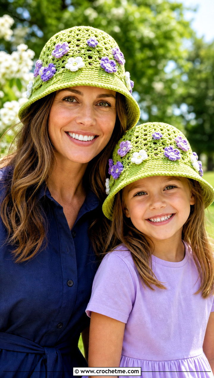 Flower Crochet Bucket Hats With Dress Outfits - 20 Mother Daughter Crochet Hats outfit ideas