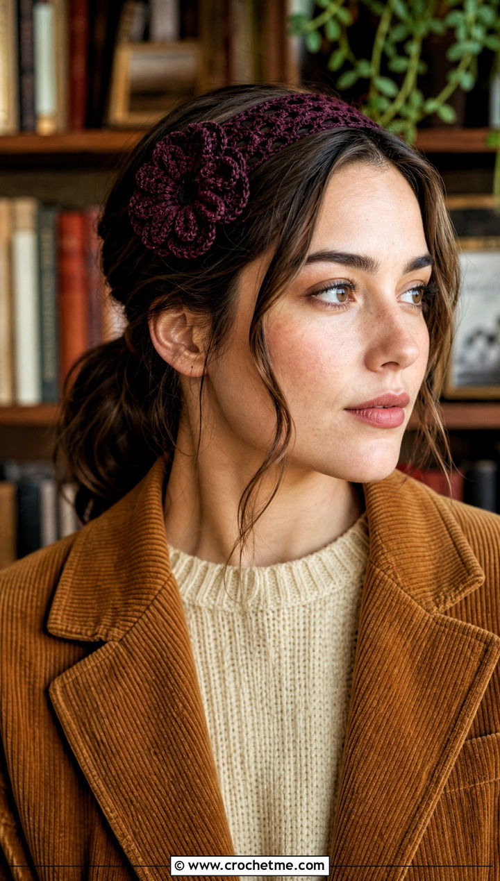 Flower Crochet Headband With Corduroy Blazer - 30 crochet fall headband outfit ideas
