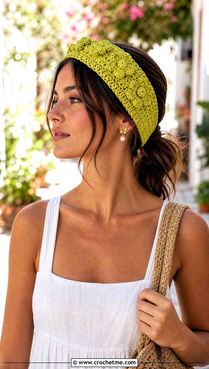 Flower Crochet Headband With Sundress And Sandals - 30 simple crochet head bands outfit ideas