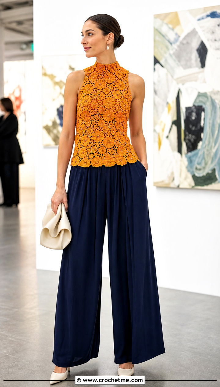 Flower Crochet High Neck Top With Pleated Trousers - 25 flower crochet tops outfit ideas