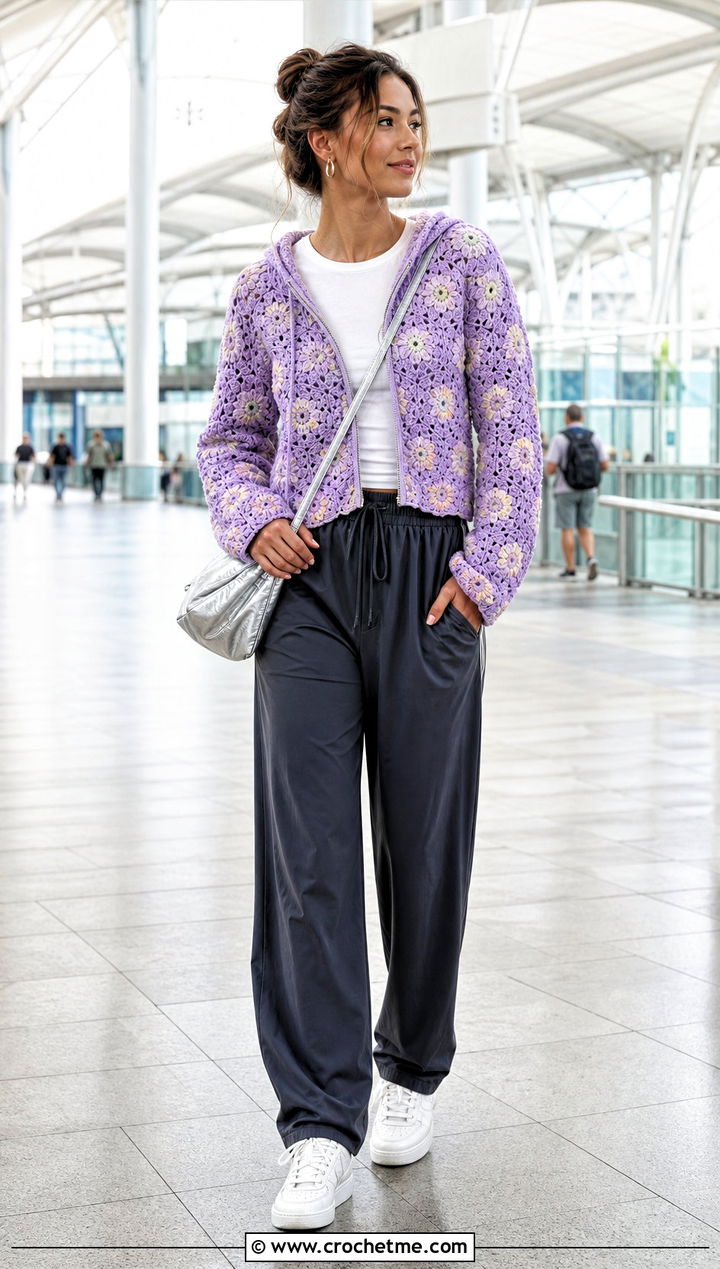 Flower Crochet Hoodie Top With Track Pants - 25 flower crochet tops outfit ideas