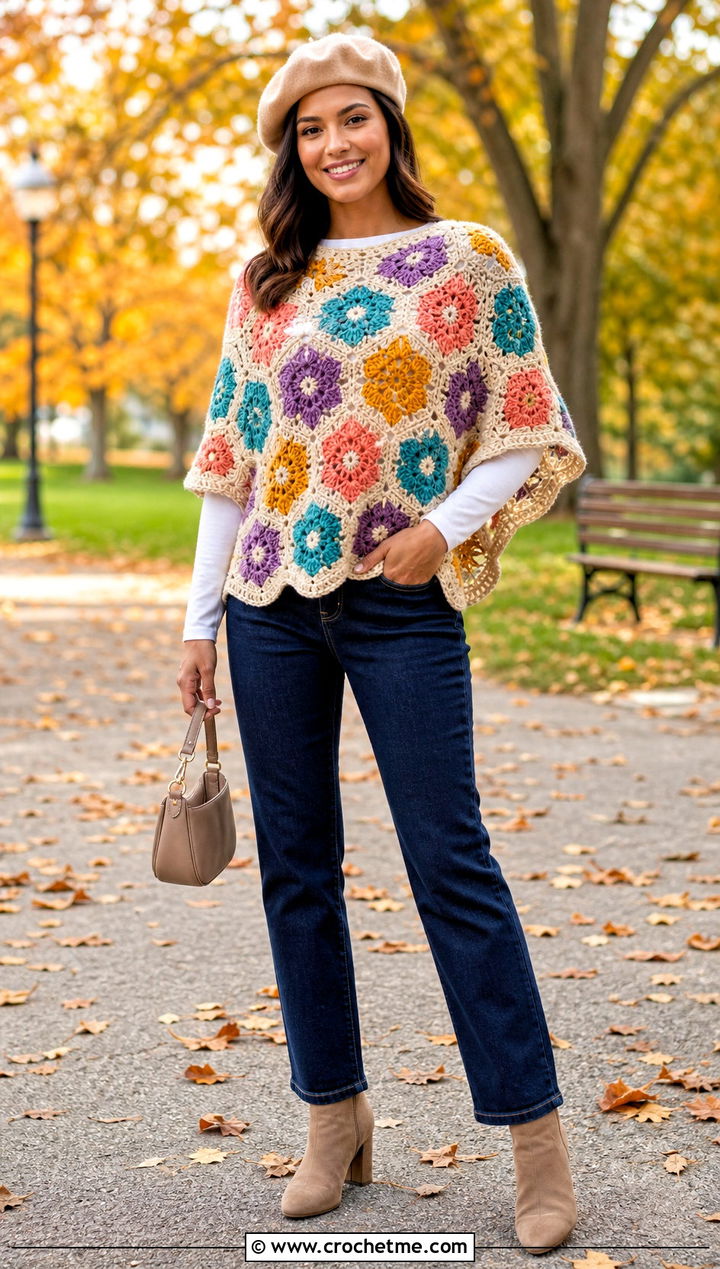 Flower Crochet Poncho With Straight Leg Jeans - 35 Kawaii Crochet Clothes and outfit ideas