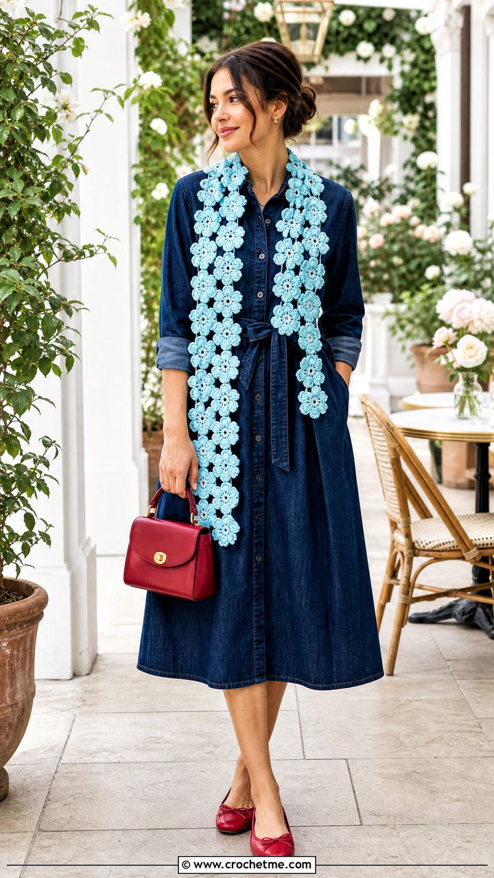 Flower Crochet Scarf With Denim Dress and Ballet Flats - 35 easy one skein crochet scarf outfit ideas