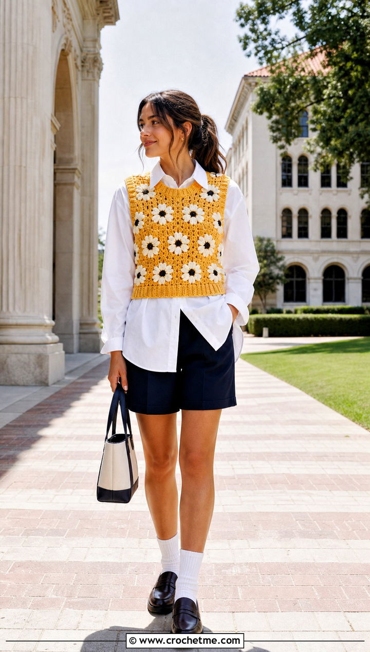Flower Crochet Sweater Vest With Poplin Shirt And Shorts - 35 crochet sweater with flowers outfit ideas