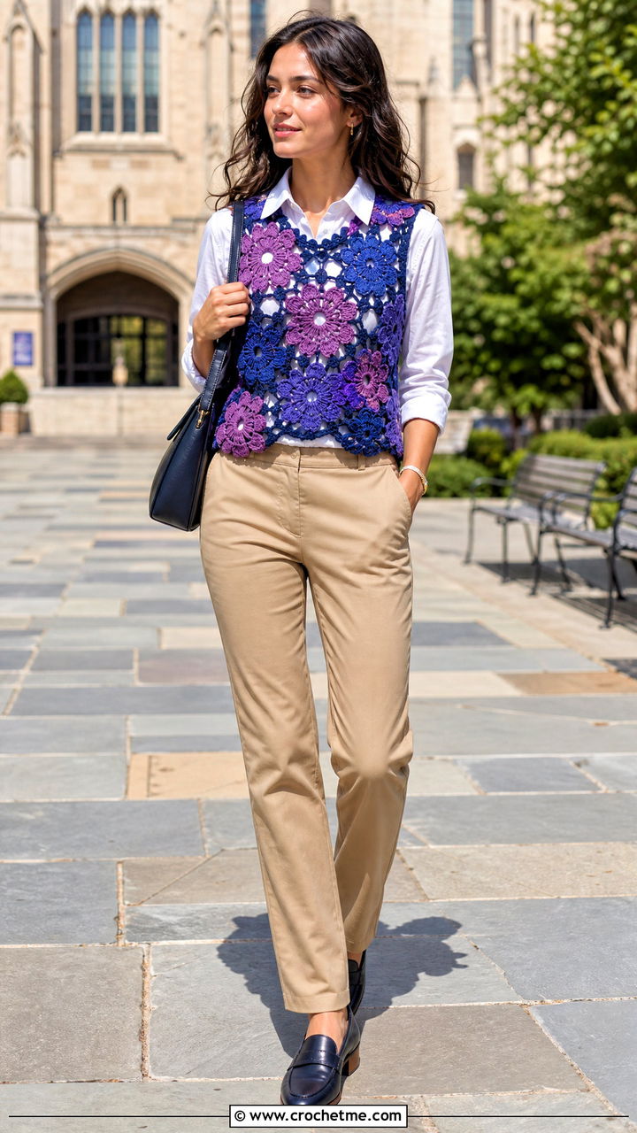 Flower Crochet Vest Shirt With Oxford Shirt - 35 Crochet Flower Shirt outfit ideas