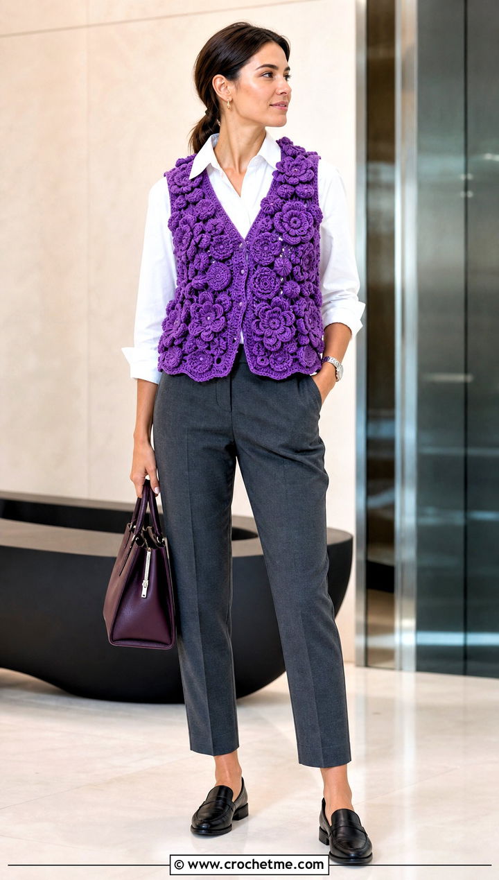 Flower Crochet Vest With Poplin Shirt And Trousers - 35 whimsical crochet clothes and outfit ideas