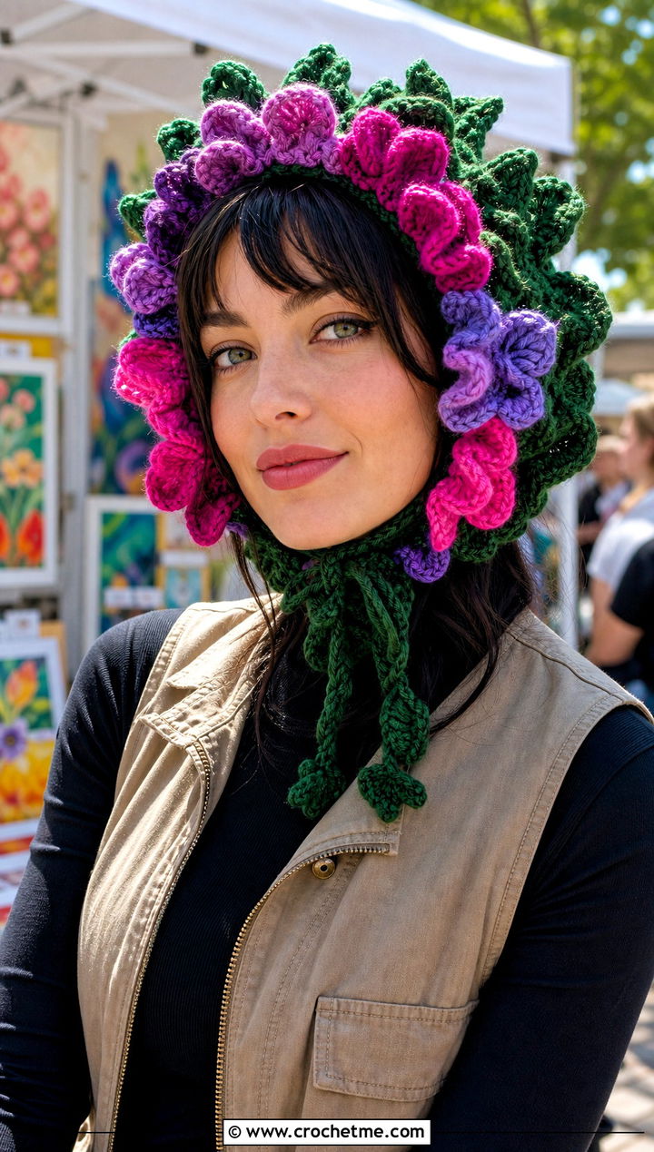 Flower Crown Bonnet With Cargo Skirt - 25 Crochet Hair Bonnet outfit ideas