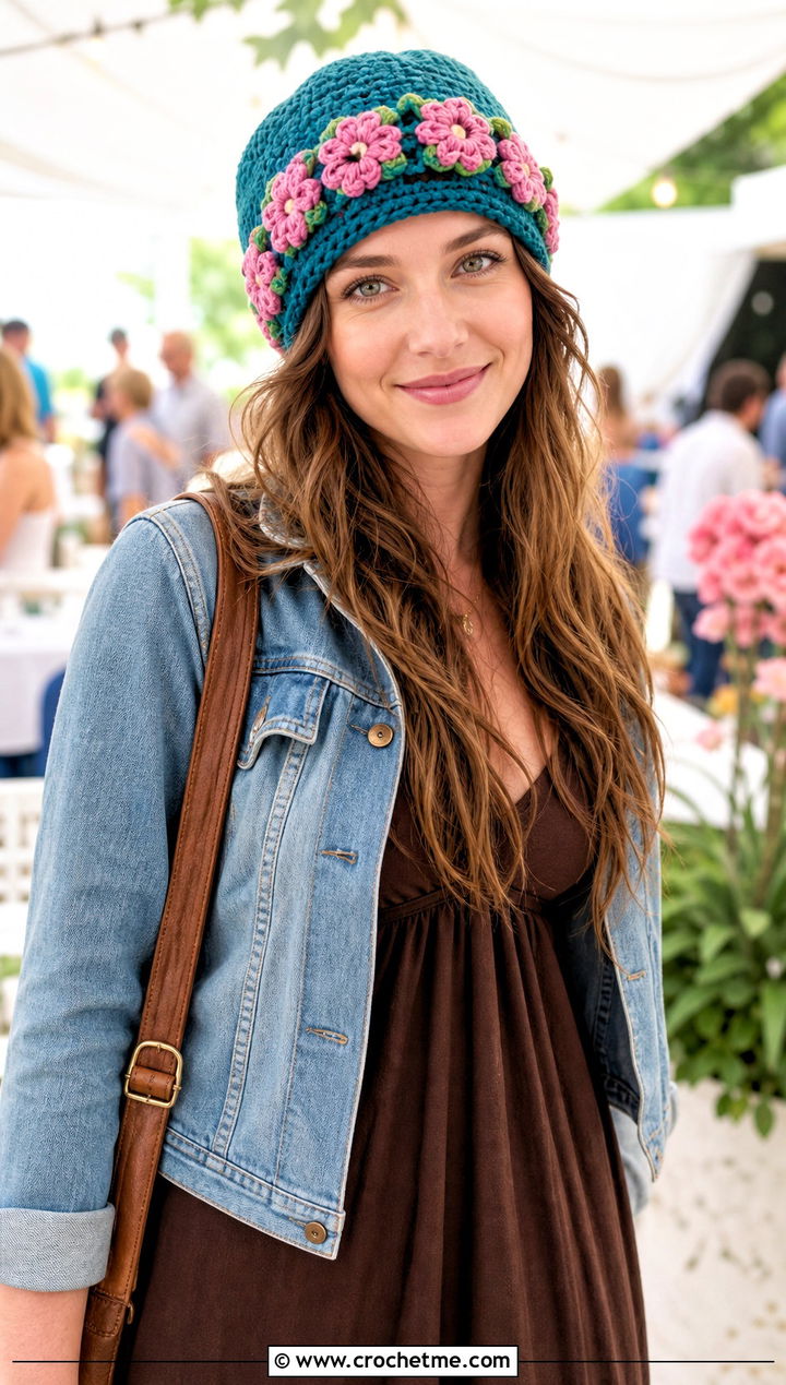 Flower Crown Crochet Beanie With Maxi Dress - 30 crochet flower beanie outfit ideas
