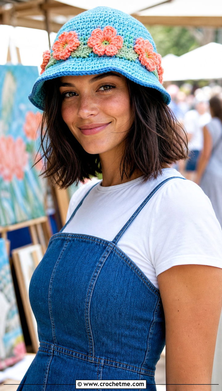 Flower Crown Crochet Bucket Hat With Denim Dress - 30 crochet flower hat outfit ideas