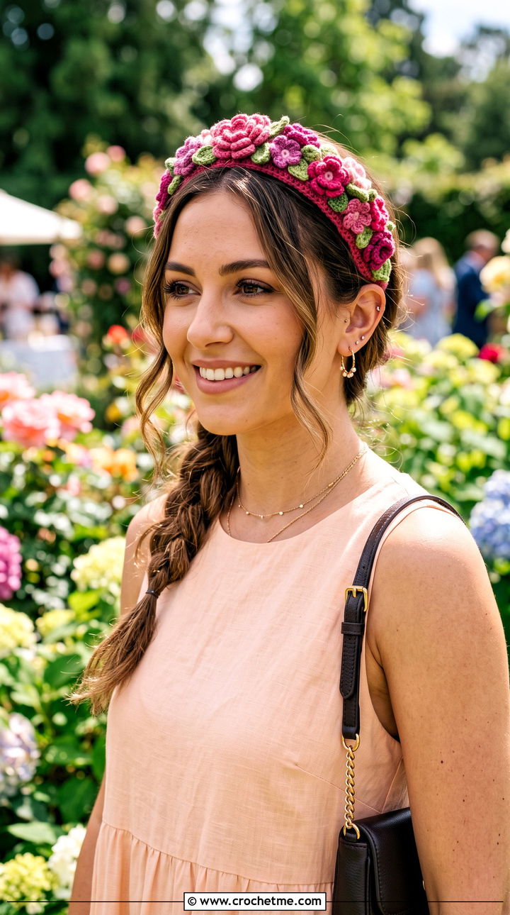 Flower Crown Crochet Headband With Maxi Dress - 30 crochet headband for women outfit ideas