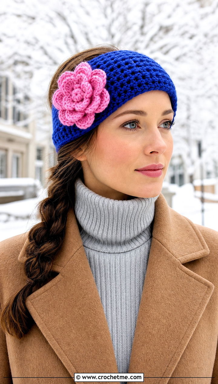 Flower Ear Warmer Headband With Coat Outfit - 15 crochet lovely flower headband outfit ideas