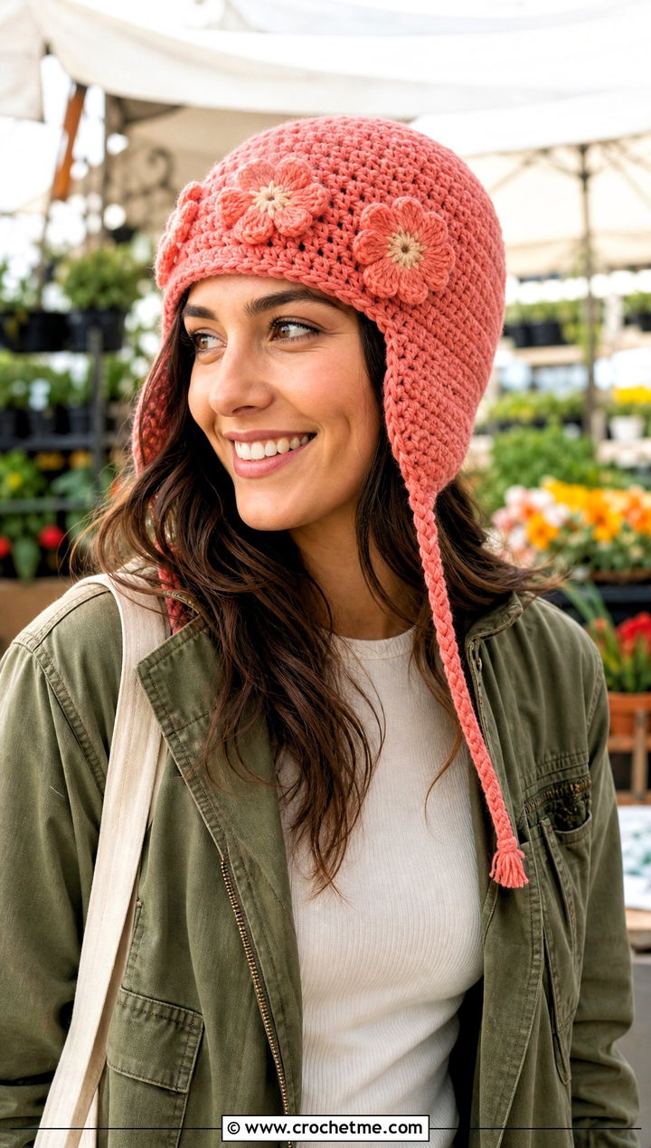 Flower Earflap Crochet Beanie With Utility Jacket - 25 Earflap Crochet Beanie outfit ideas