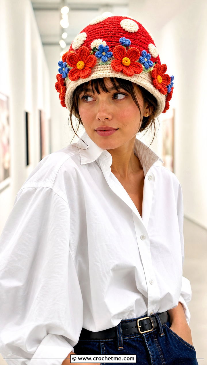 Flower Embellished Mushroom Crochet Cap With White Shirt - 20 Mushroom Crochet Cap outfit ideas