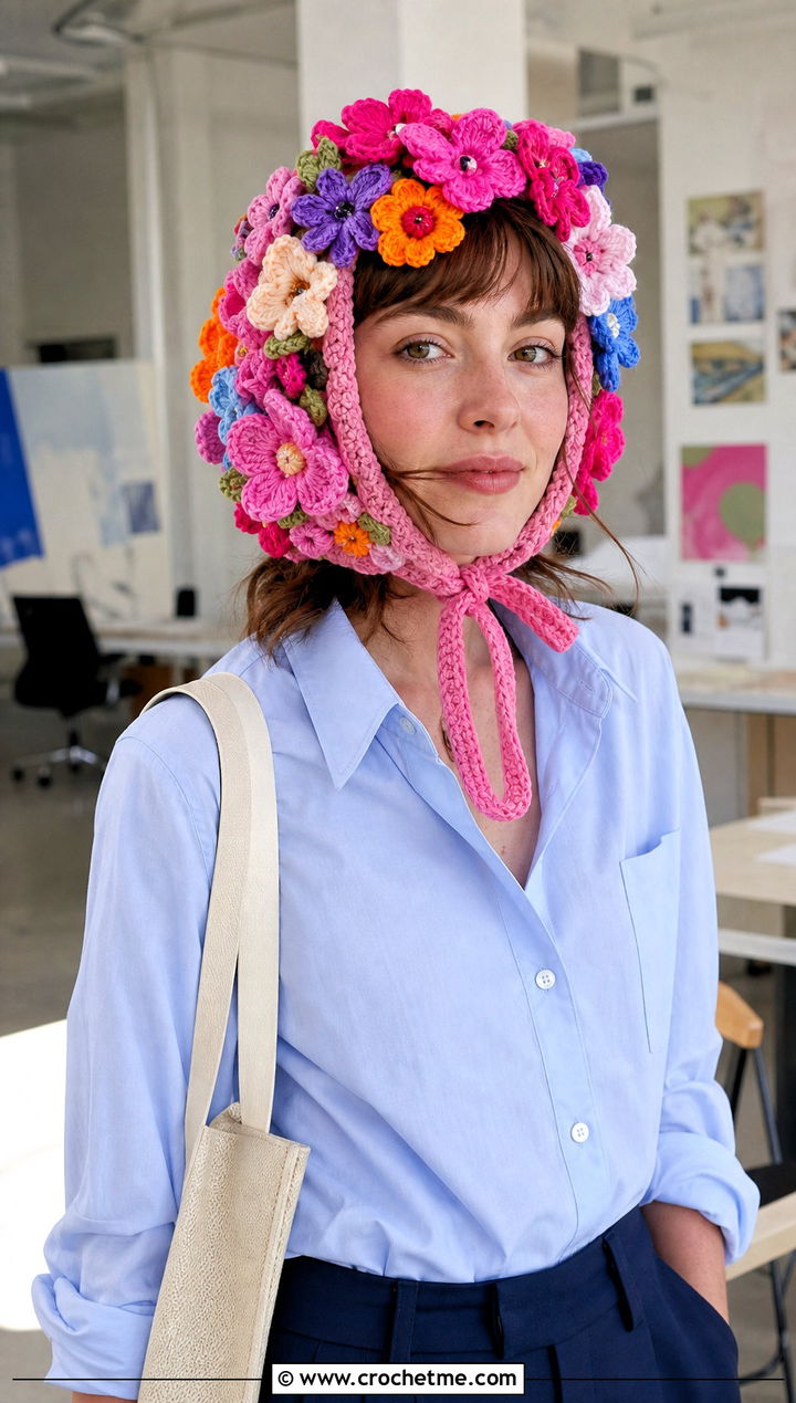 Flower Garden Crochet Bonnet With Tailored Trousers - 25 Weird Crochet Hat outfit ideas