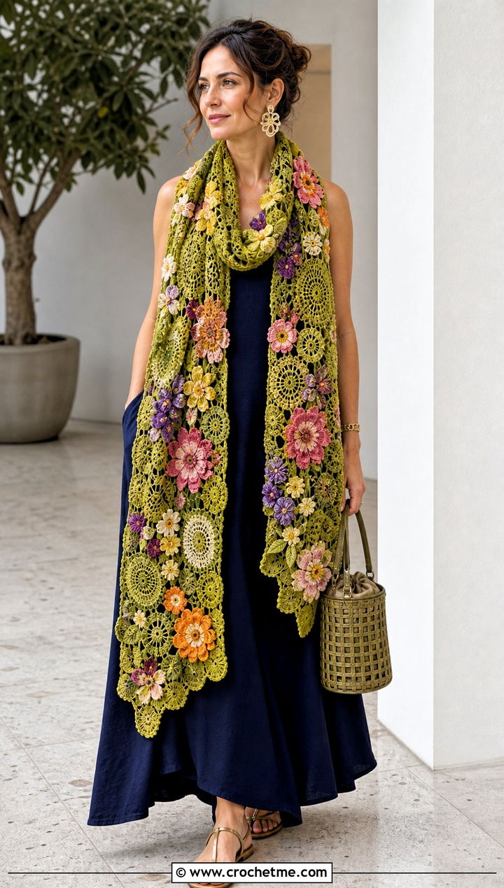 Flower Garden Scarf With Maxi Dress - 30 crochet scarf with flowers outfit ideas