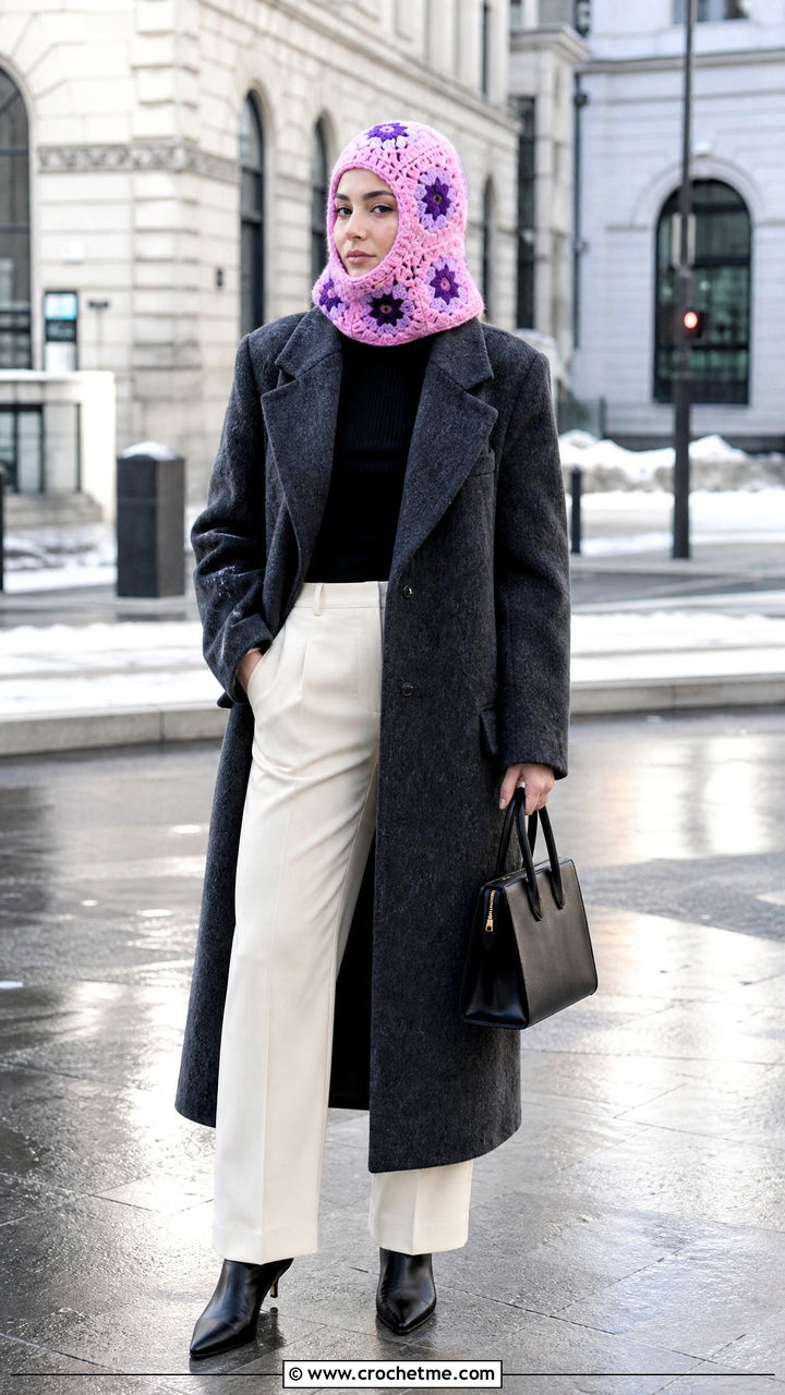 Flower Granny Square Balaclava With Wool Coat - 35 granny square balaclava outfit ideas