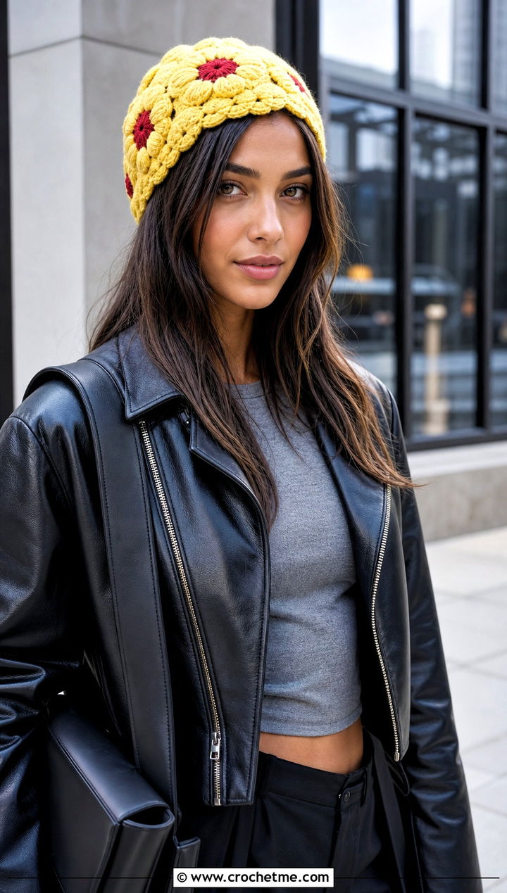 Flower Granny Square Beanie With Leather Jacket - 30 granny square beanie outfit ideas