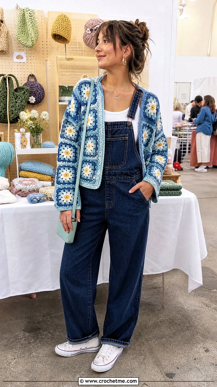 Flower Granny Square Blue Crochet Cardigan With Overalls - 35 blue crochet cardigan outfit ideas